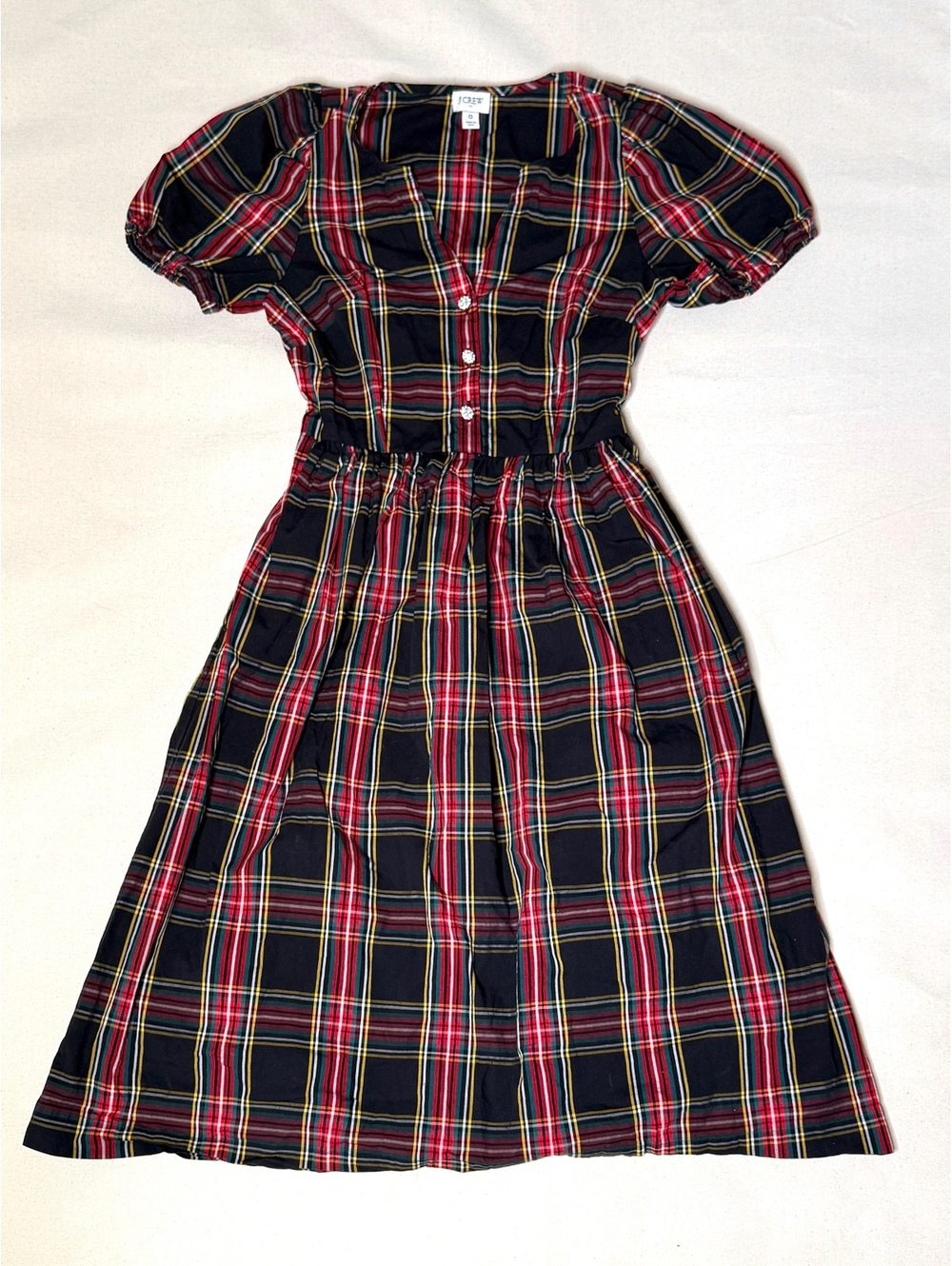 J.Crew Size 0 Tartan Plaid Midi Dress Puff Sleeve Jeweled Buttons Holiday